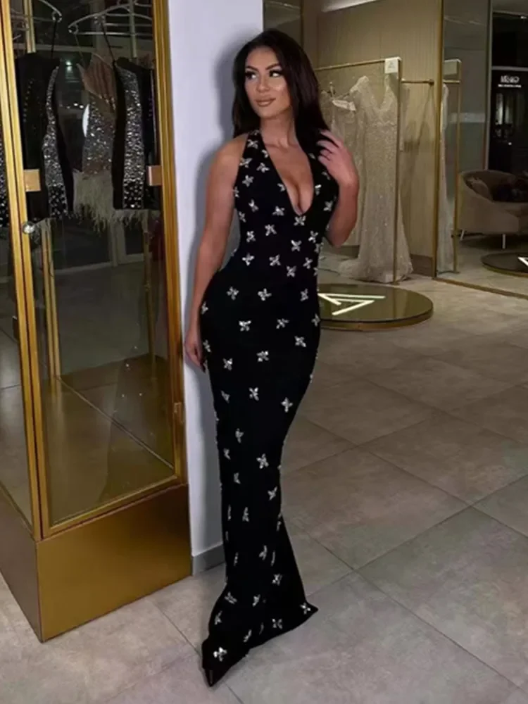 

2025 Women Celebrity Sexy Backless Halter Beading Black Maxi Long Bodycon Bandage Dress Elegant Evening Club Party Dress