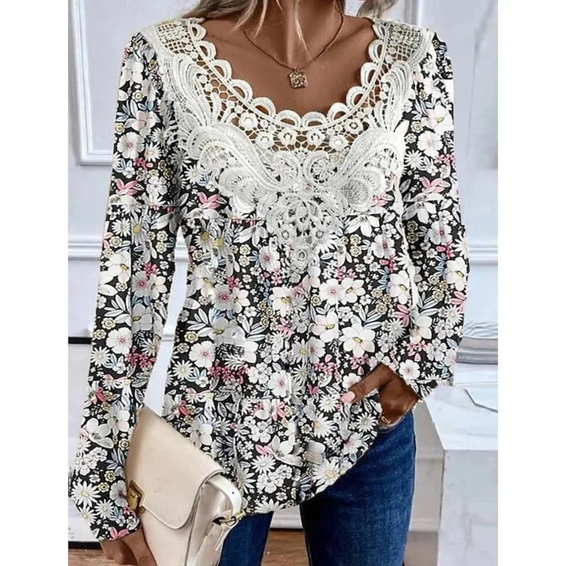 

New Fashion Casual Flower Print Lace Patchwork T-Shirts Autumn V Neck Long Sleeve Loose Blouses Elegant Office Top Women Clothes