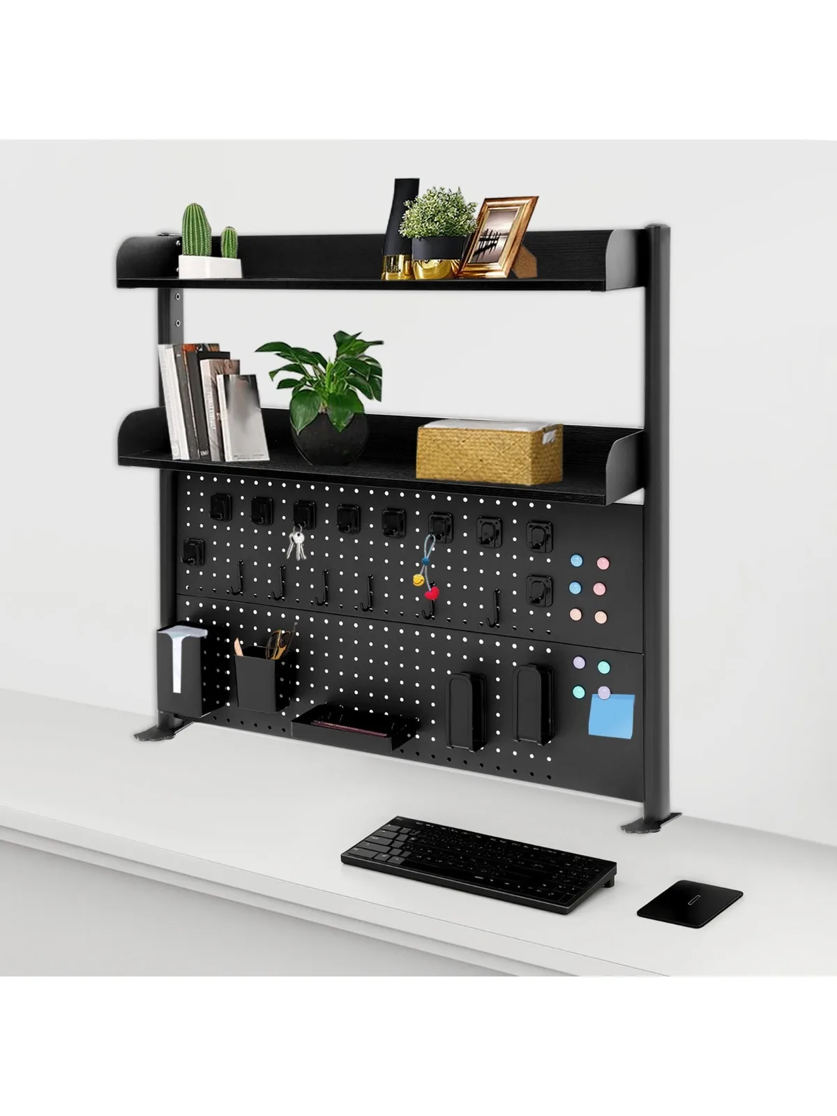 2-tier black clip-on perforated board desktop bookshelf, Clip-on desktop bookshelf, Office and Study Desk Organizer