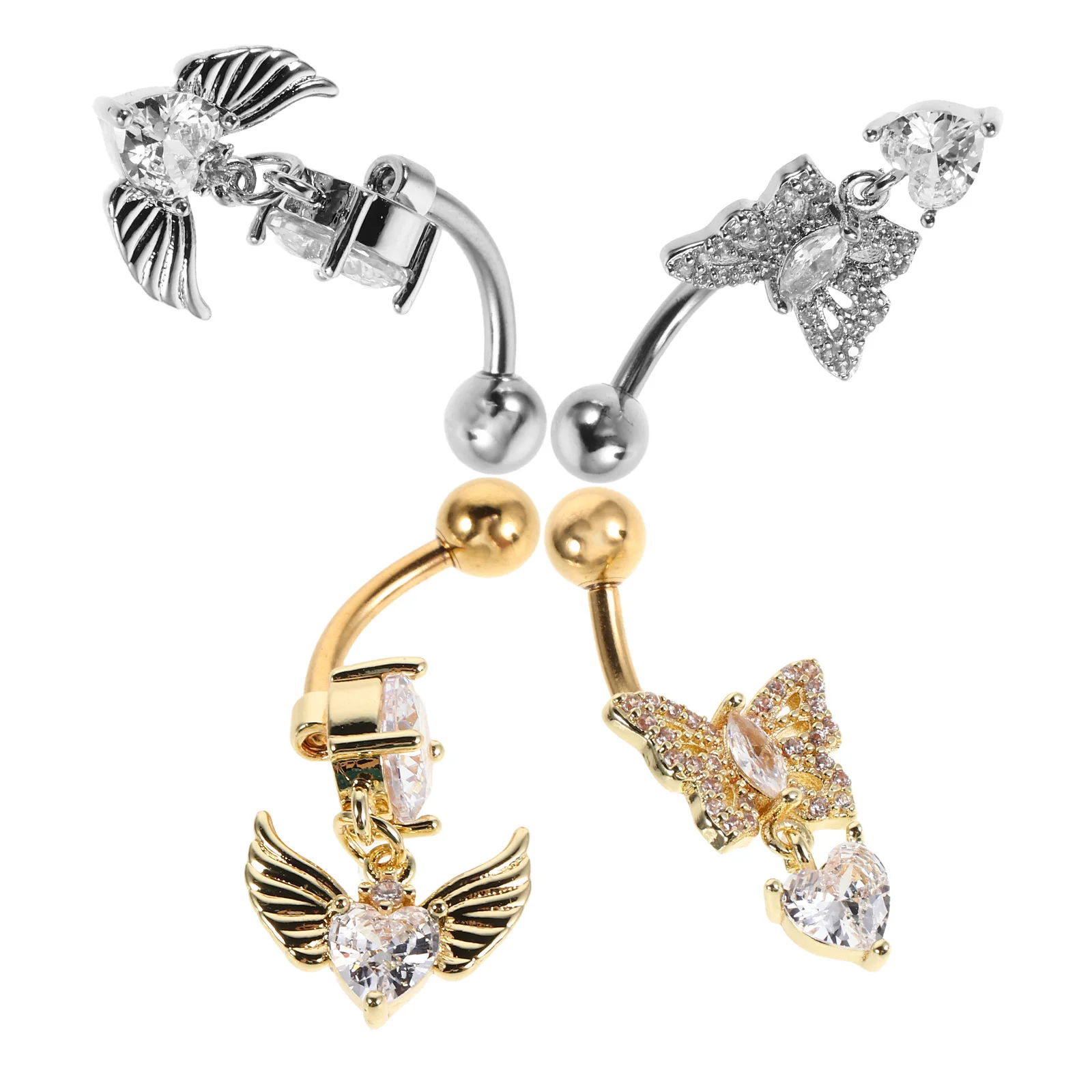 

4Pcs Heart Belly Button Rings for Women Butterfly Angel Navel Piercing Jewelry Sparkling Zirconia Stainless Steel