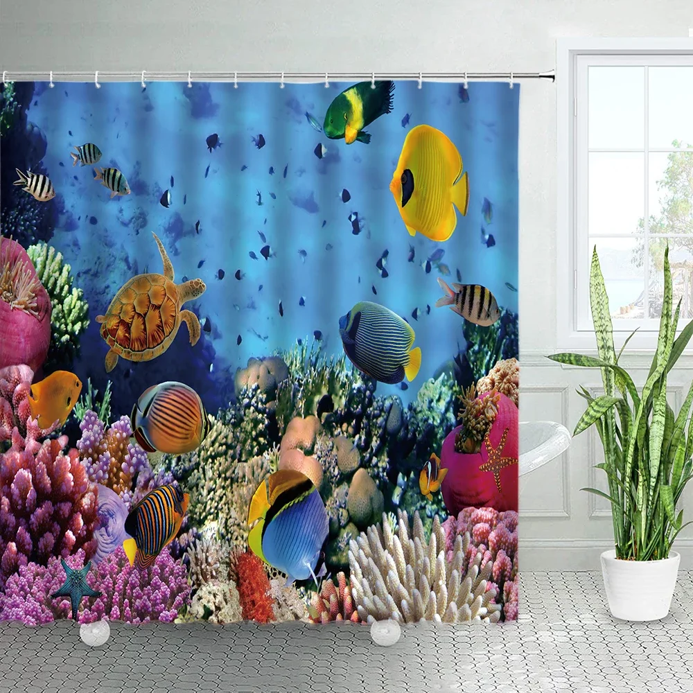 Tropical Ocean Shower Curtains for Kids Blue Ocean Dolphin Sea Turtle Fish Themed Kids Bathroom Fabric for Bath Curtain Decor