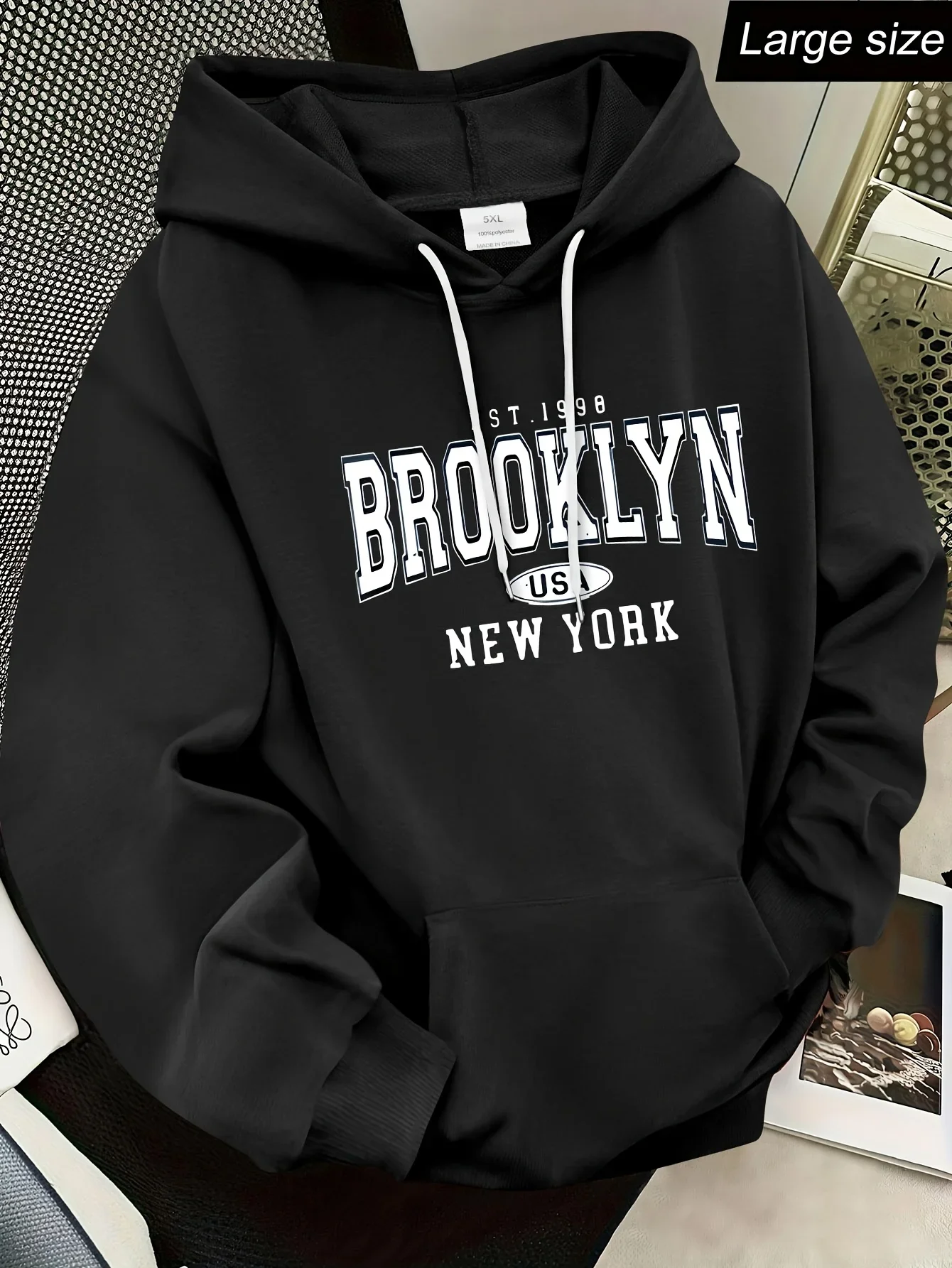 Men's Hooded Fleece Sweatshirt Autumn Streetwear Essential Large Size Brooklyn Hoodie Suitable for Daily Wear Casual Style