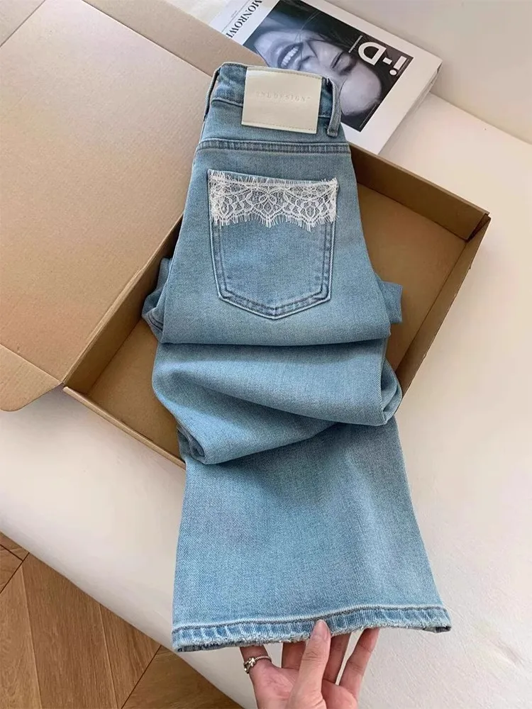 

Шикарные светло-голубые кружевные лоскутные джинсы для женщин, широкие прямые джинсовые брюки с высокой талией, весенне-осенние повседневные брюки