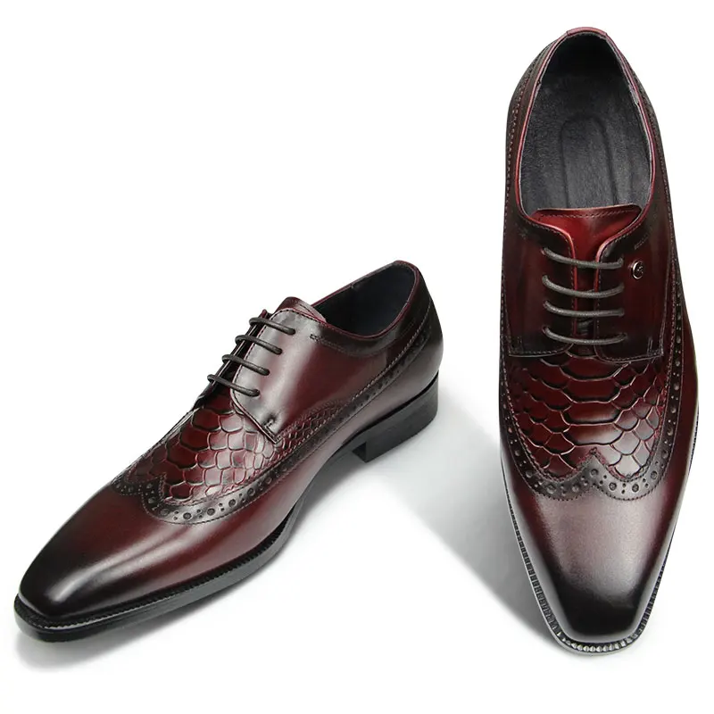 

Handmade Lace Up Carved Shoe Crocodile Pattern Derby Brogue Men Dress Shoes British Designer brogue shoes banquet suit shoes