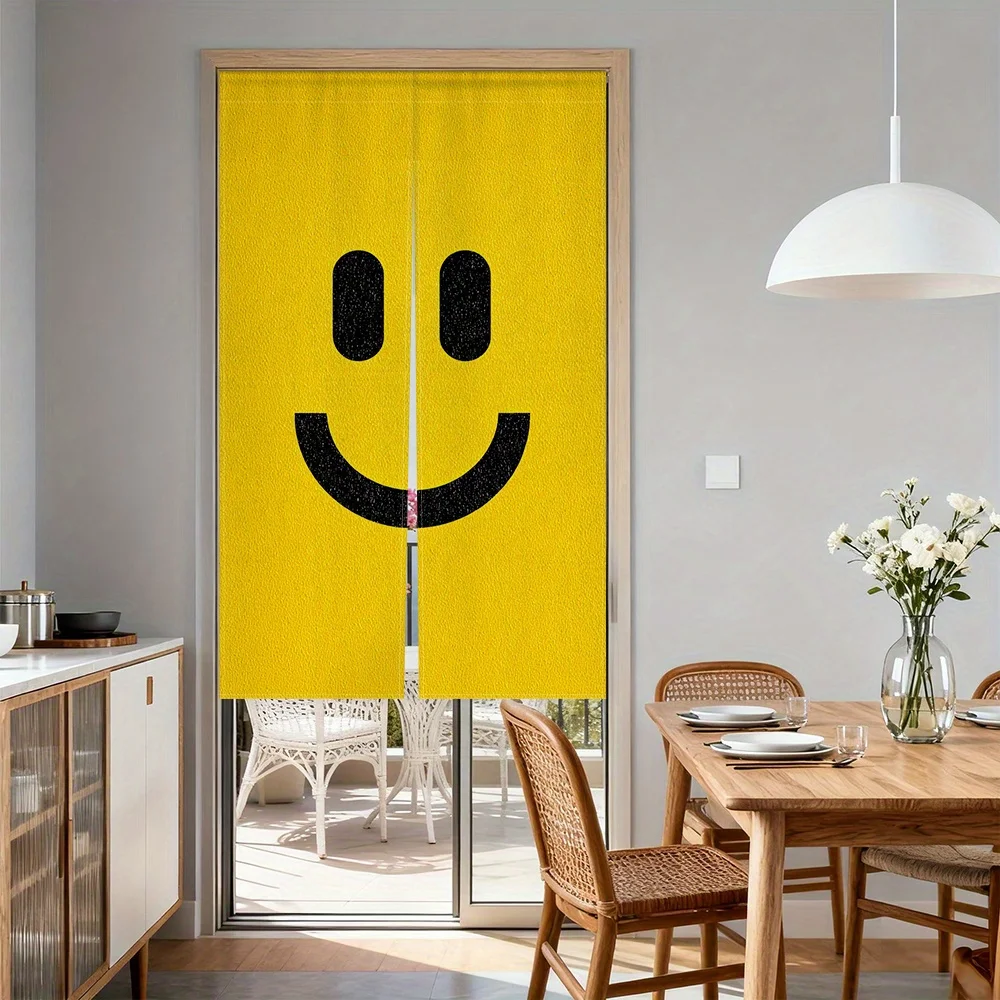 Cute Yellow Smiley Face Door Curtain - 2D Flat Print Rod Pocket Room Partition Drape for Kitchen Cafe Hallway Home Decor