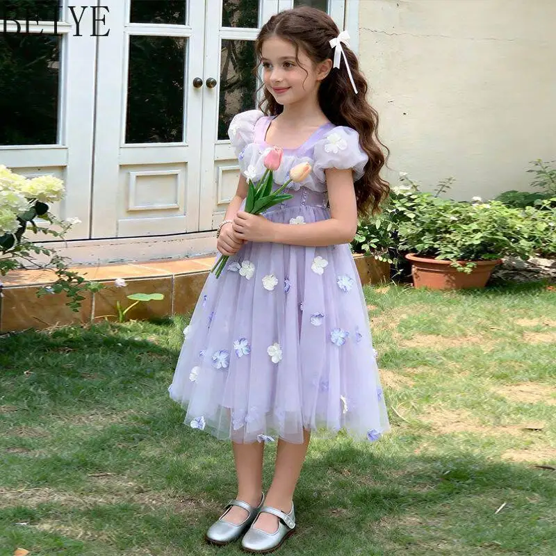 

Children's Birthday Bubble Sleeve Dress Three Dimensional Flower Mesh Party Dress Girls Summer Princess Daily Wear Dress