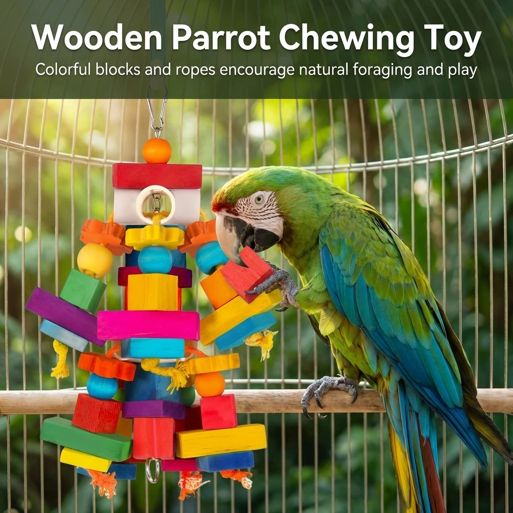 1pc Parrot Chew Toy Colorful Wooden Beak Care Accessories for Macaws Large Bird Mental Stimulation Durable Plaything