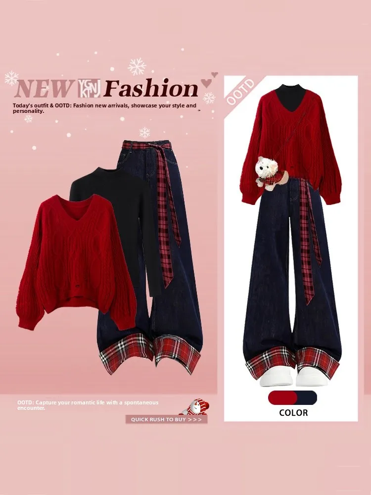 Winter New Year Knitted Sweater And Jeans Set Women's Ele Design Hole V-ne Patchwork High Waist Long Pants Faion Set