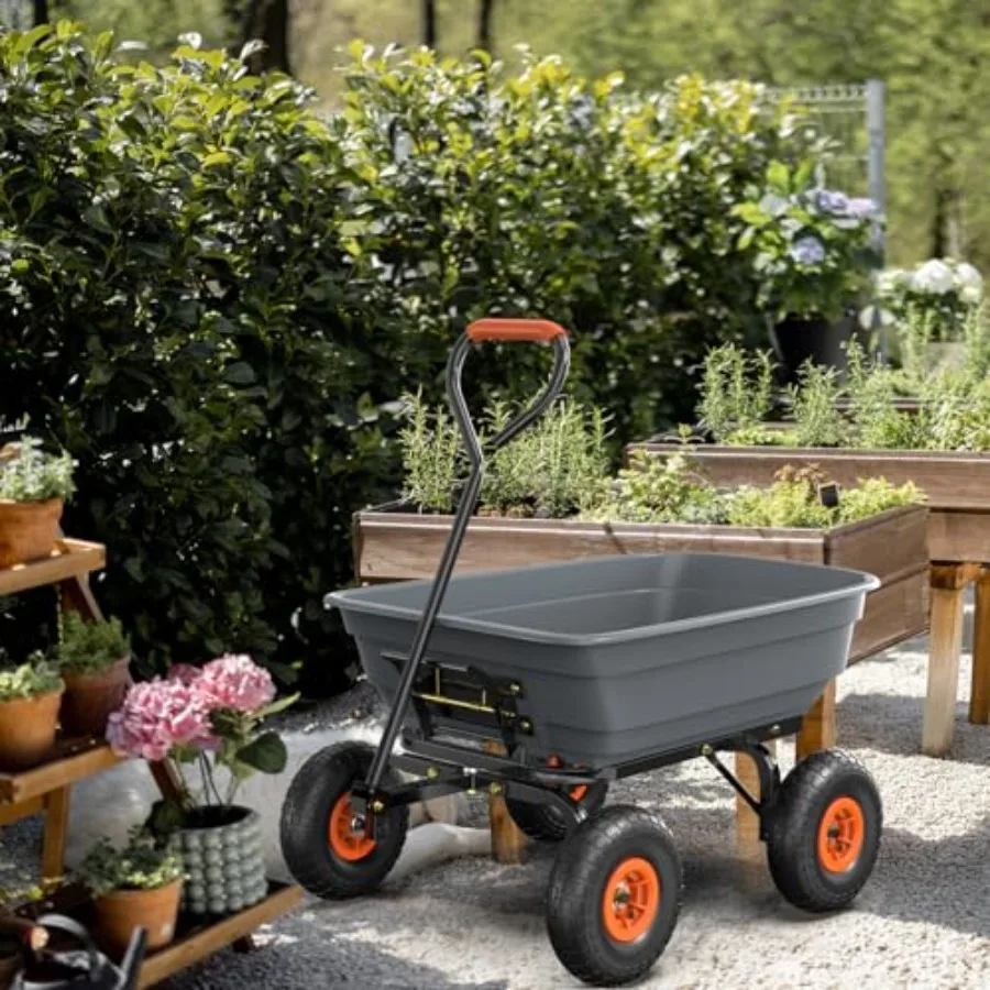 Steel Wheelbarrow Garden Dump Cart with Plastic Hopper, 440lb Load Capacity, Quick Release System, with Flexible Handle and 10i