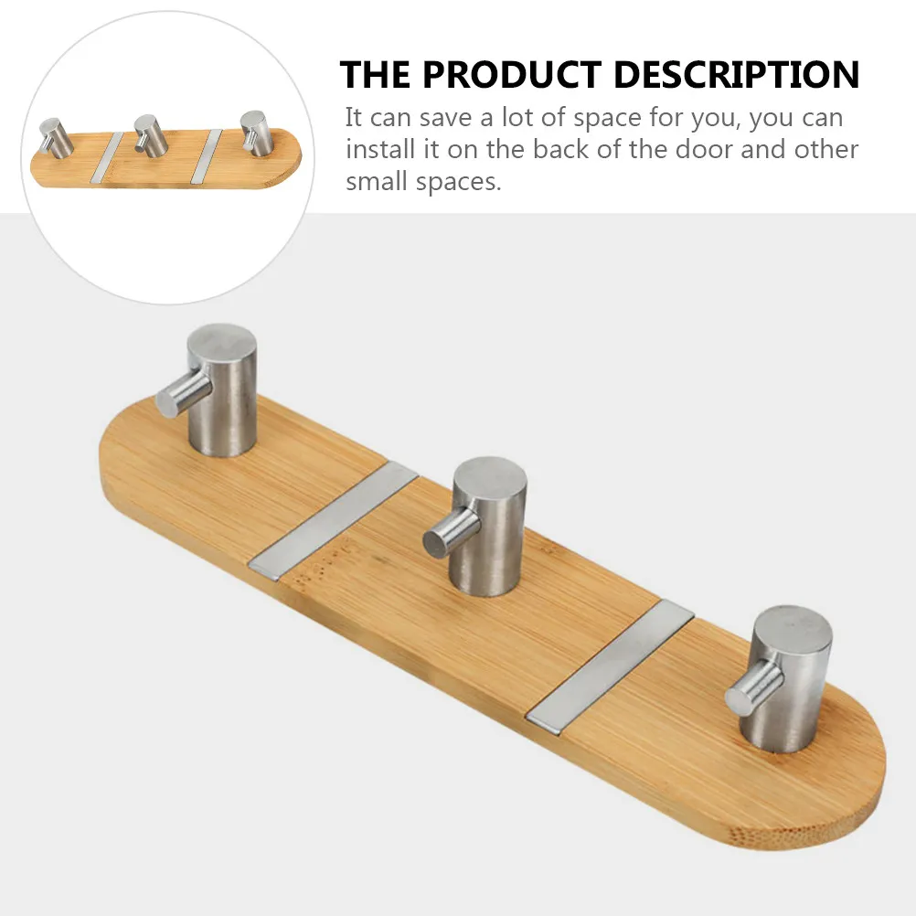 Bamboo and Stainless Steel Wall Mounted Hook Rack Punch Free Adhesive Storage Hook for Coats Hats Bags Umbrellas Bedroom Living