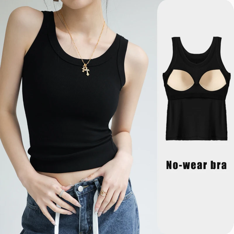 2026 Summer Best Selling Women's Vest Chest Pad Integrated Black Knitted Vest Threaded Round Neck Inner Top Anti-running Sling
