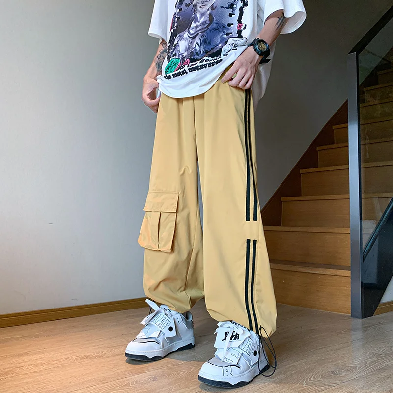 

New Summer Men's Khaki Wide Leg Pants Hip Hop Oversized Baggy Pocket Elastic Waist Straight Fashion Cargo Trousers Man