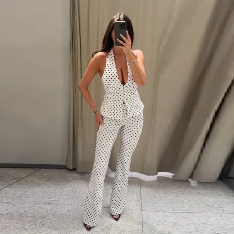 

Women's Stylish White Polka Dot Two Piece Set Trendy Halter Deep V Neck Vest Top Flared Pants Suit Casual Party Club Outfit 2026
