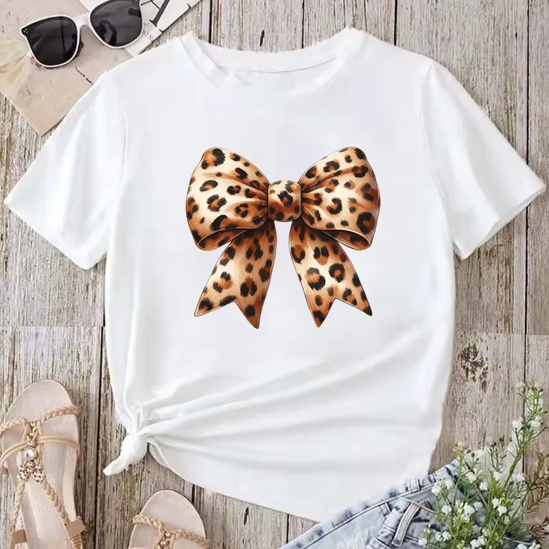 أزياء المرأة تي شيرت Y2k ليوبارد طباعة القوس قمم الصيف قصيرة الأكمام الجرافيك تي شيرت الملابس النسائية