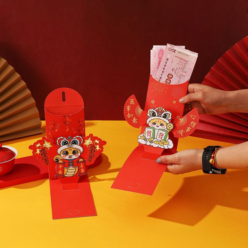 3D amplop merah Hongbao Festival Musim Semi Cina dekorasi ular Tahun Baru paket merah 2025 tas uang keberuntungan untuk hadiah anak-anak