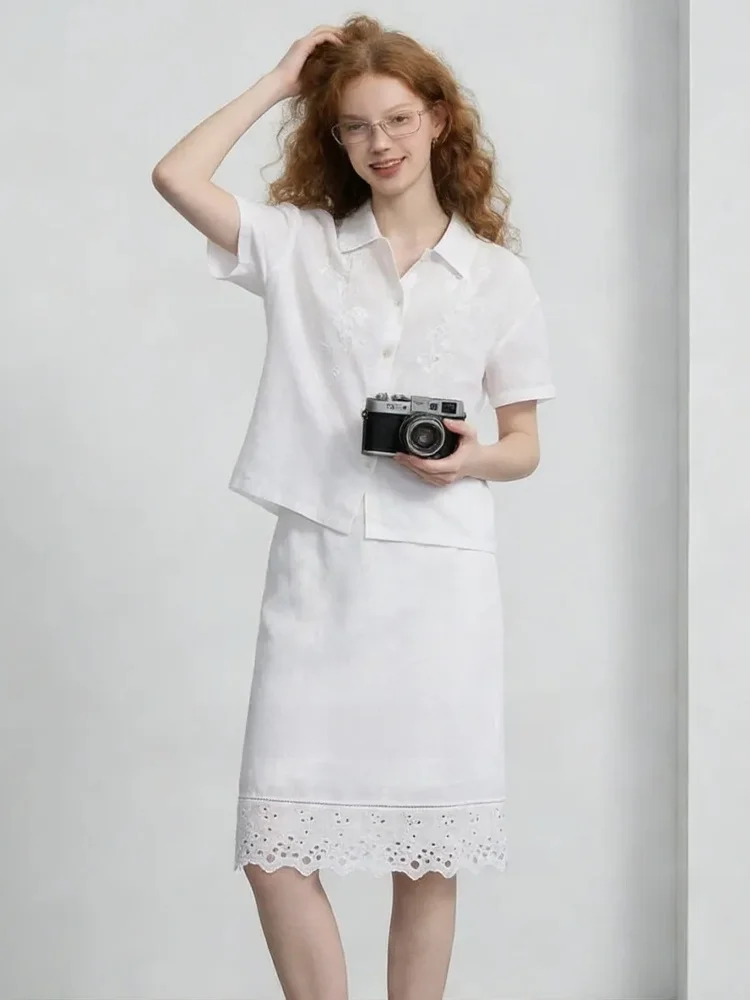 

ZhuoZhi White Embroidered Short Sleeve Shirt And High Waist Lace Half Skirt Two Piece Set Summer New Style Breathable Light W...
