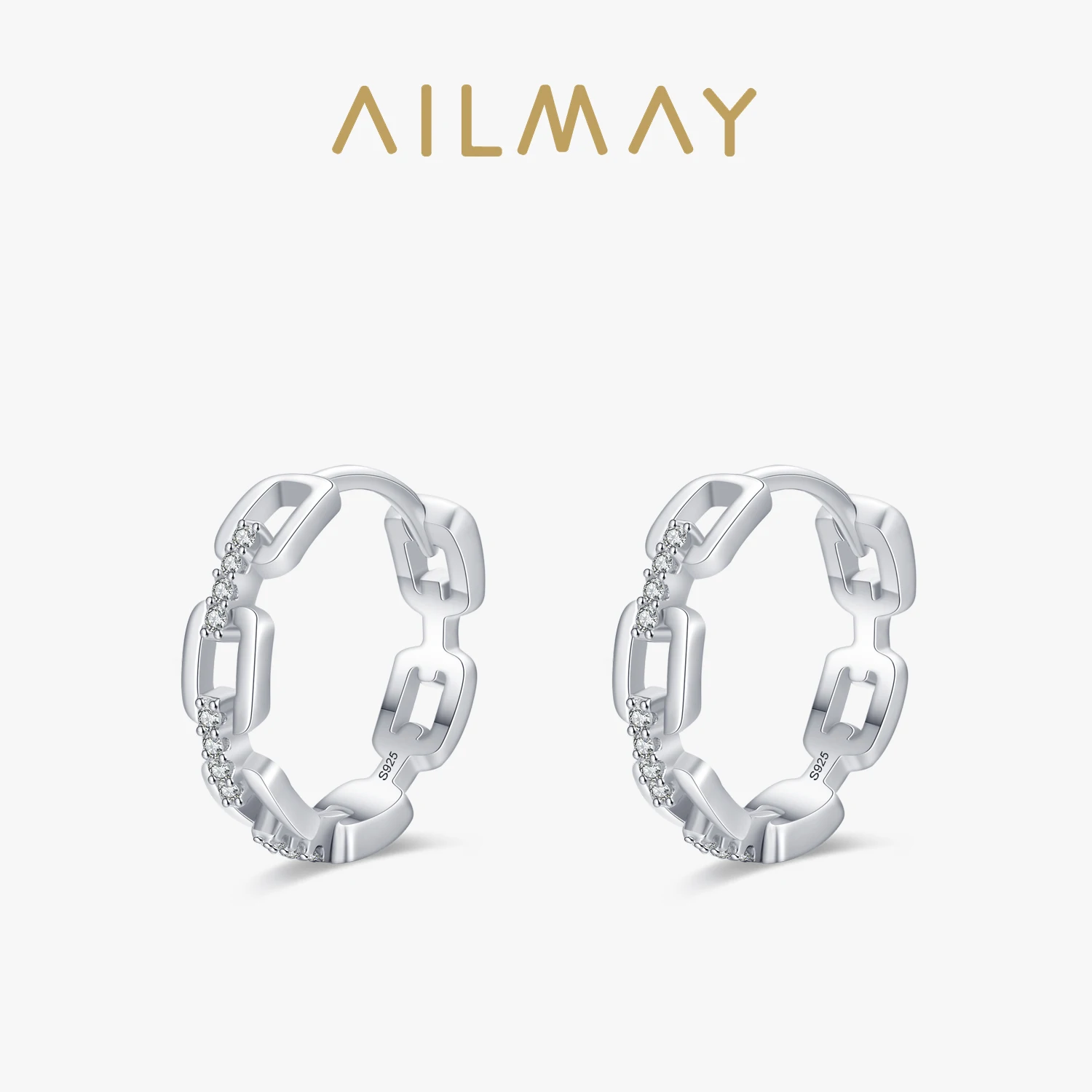 Ailmay Fashion Chain Shape Genuine 925 Sterling Silver Earrings For Women Dazzling CZ Ear Buckles Fine Elegant Wedding Jewelry