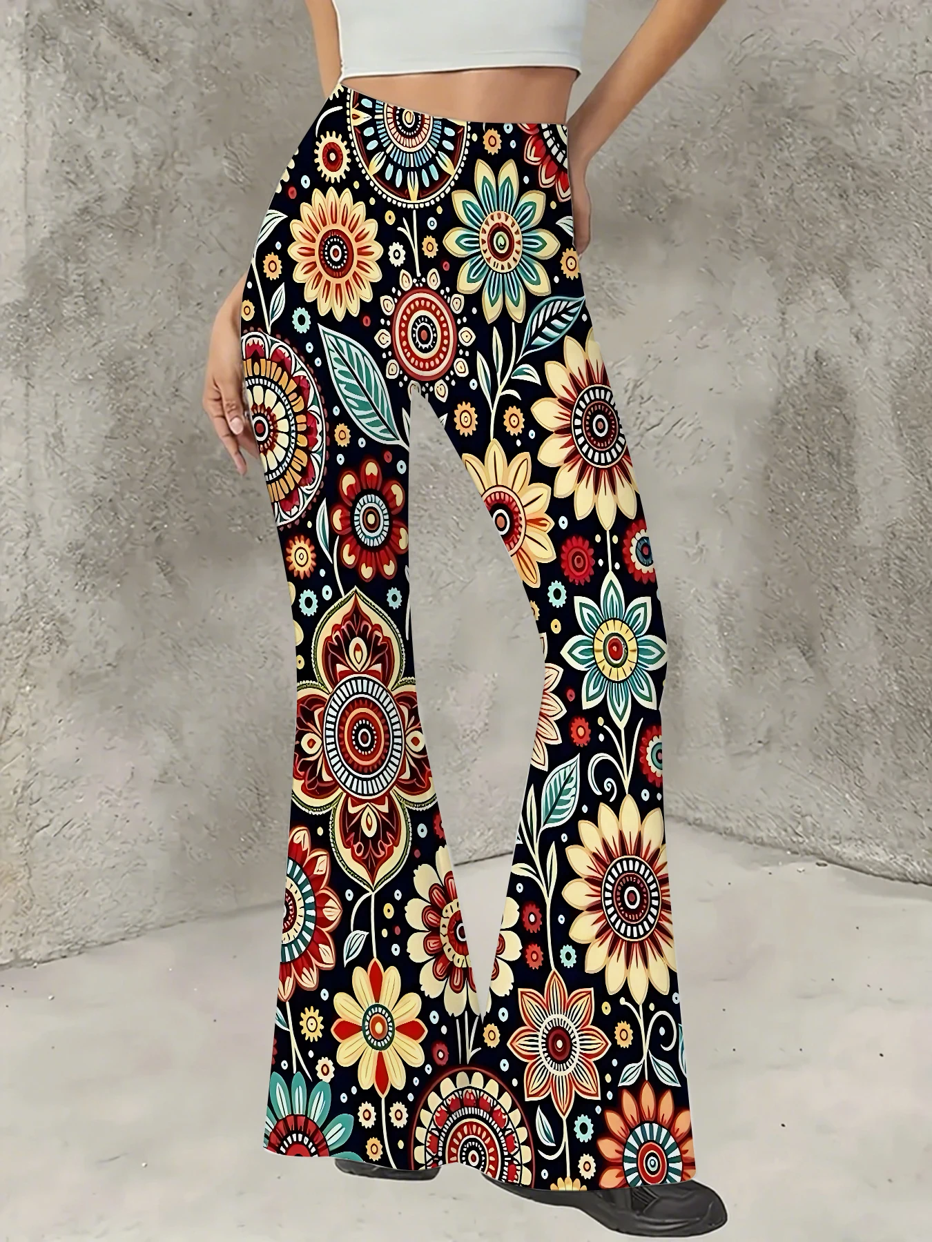

Women's Floral Print Flare Pants Elegant Stretchy Bell Bottom Trousers Summer