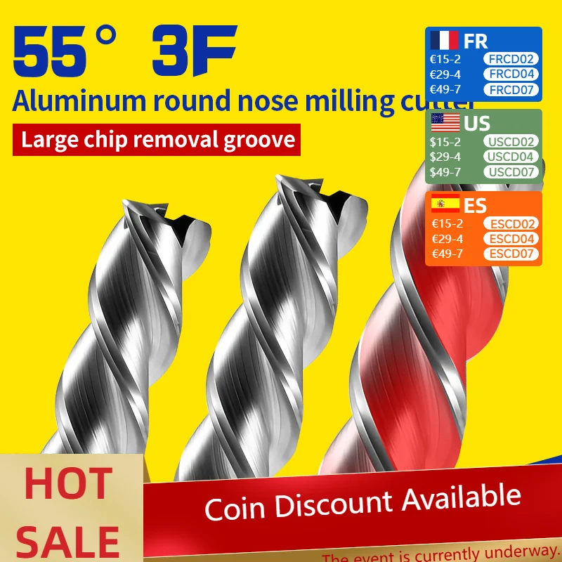 

55° 3-Flute Round Nose End Mill for Aluminum CNC Straight Shank Solid Carbide End Mill R-Corner Tungsten Carbide Cutter