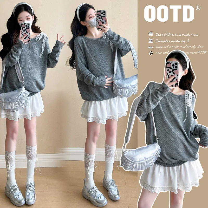 

2025 Luxury Pregnancy Dress Autumn Fake Two Layer Lace Trim Knit Dress Elegant Maternity Outfit Comfortable Sophisticated