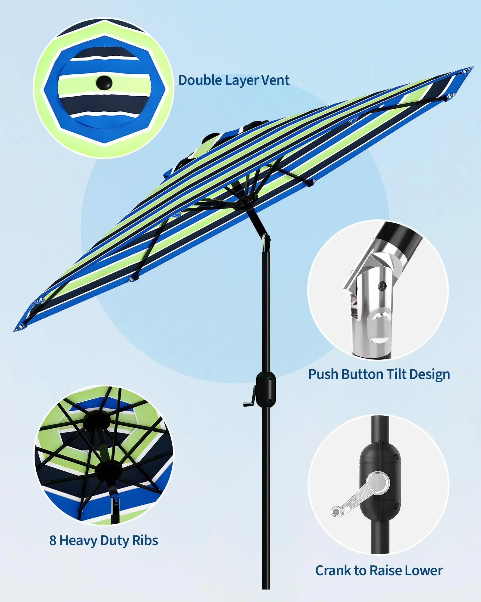 9FT Patio Umbrella, Outdoor Table Market Umbrella with Push Button Tilt and Crank, 8 Sturdy Ribs UV Protection Waterproof for Garden, Deck, Backyard, Pool