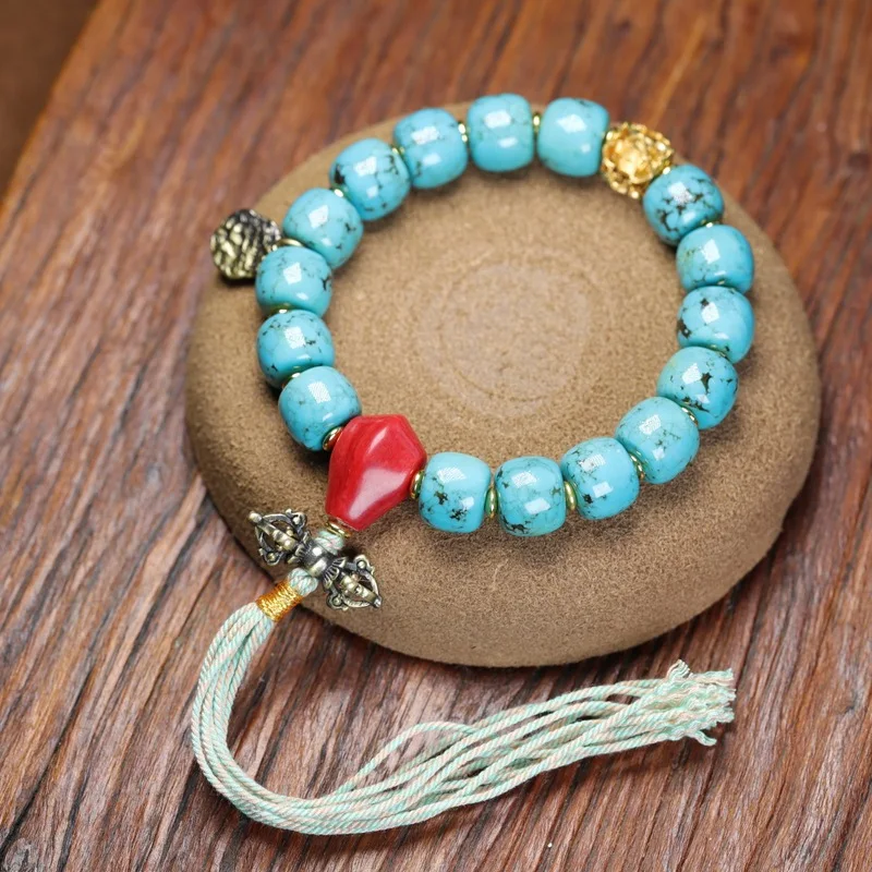Optimized Turquoise Old Barrel Bead Tibetan Style Vajra Star Moon Bodhi Single-Strand Bracelet