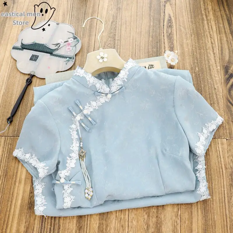Blue lace Trim Qipao Chinese Style Princess Dress Summer New Banquet Gown Short Sleeve Chesongam Elegant Vestidos Hanfu Dress