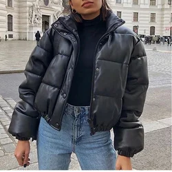 Abrigo de burbujas de cuero Pu para Mujer, Chaqueta corta con cuello levantado, Parkas de plumón, moda nueva, invierno y otoño