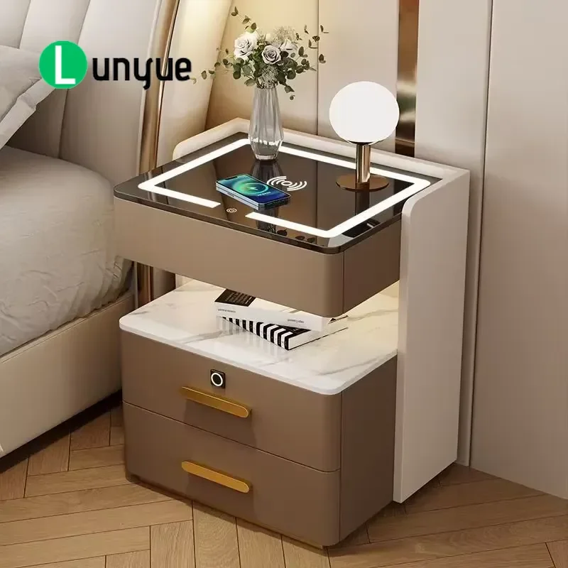 Modern Smart LED Wooden Bedside Table with Wireless Charging and Fingerprint Lock Multi Function Nightstand for Bedroom