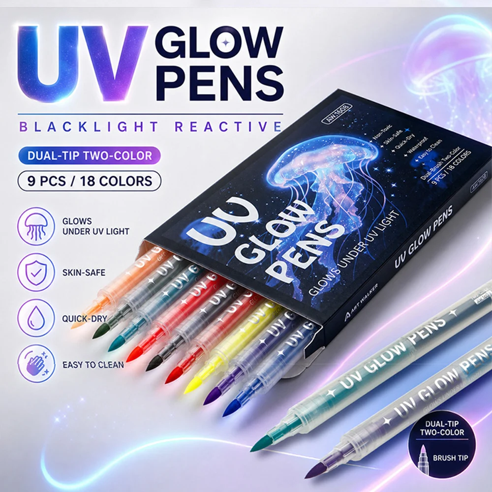 9 Pcs UV Neon Body Face Temporary Tattoo Pens with 93 Tattoo Stencil Designs Glow in the Dark Tattoo Markers for Halloween