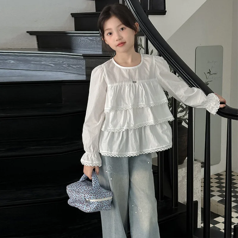 

Autumn Korean Children Girls Two-piece Outfit Junior Girls Patchwork Round Neck T-shirt Teenager Girl Bowknot Printed Denim Pant