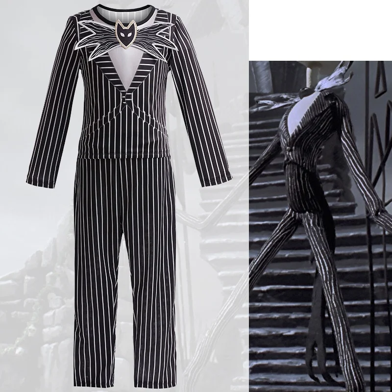 New Children\'s Costumes The Nightmare Before Christmas Skeleton Jack Cosplay Baby Striped Two-Piece Halloween Character Dress Up
