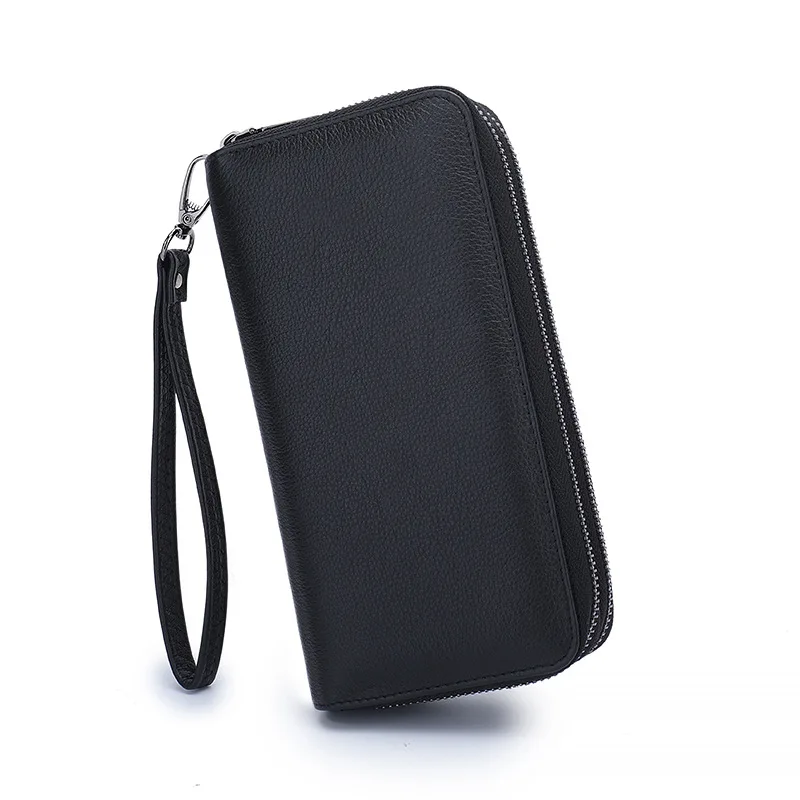 محفظة جلدية أصلية سوداء رجل عادية محفظة جلدية البقر الحقيقي سعة كبيرة الذكور جلد البقر مخلب حقيبة اليد مع السوار