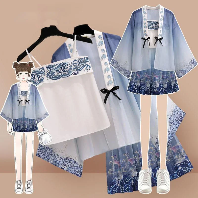 

Женский комплект Hanfu большого размера в китайском стиле Han Element, летний жилет, пальто, короткая юбка, комплект из трех предметов, современный традиционный Hanfu