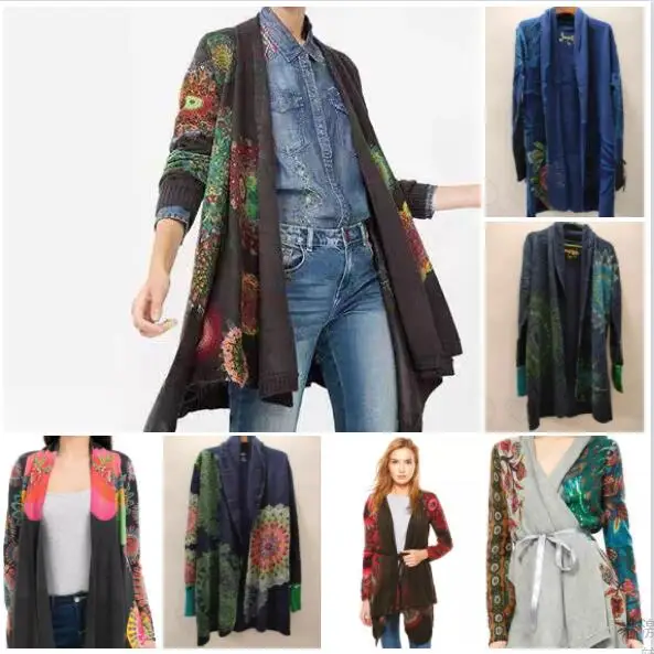 

Foreign trade Spanish women's shawl coat printed Embroidery no buckle cardigan coat long with belt