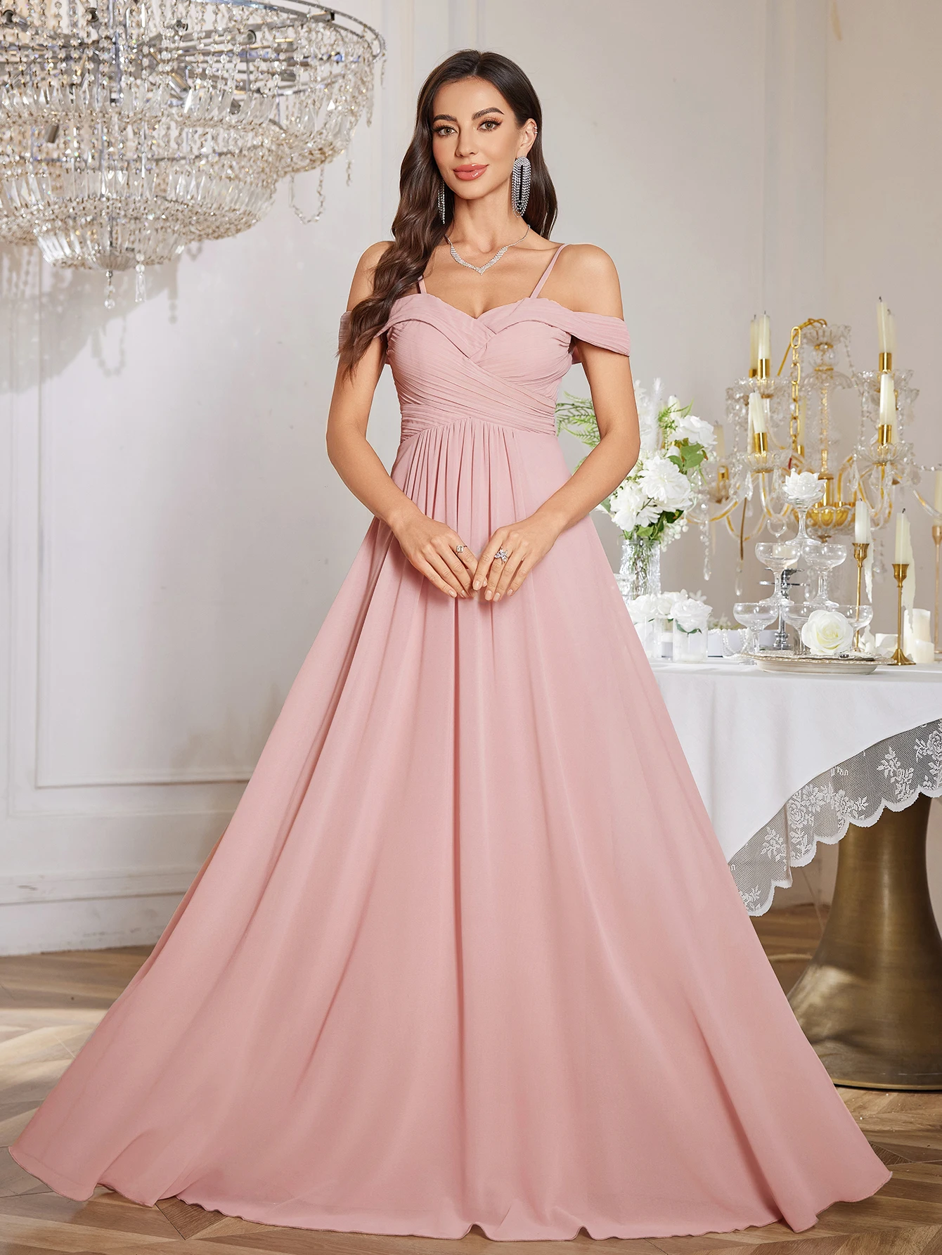 UNITHORSE Abito longuette elegante senza spalline in puro colore con orlo arricciato e vita incrociata per damigelle d'onore