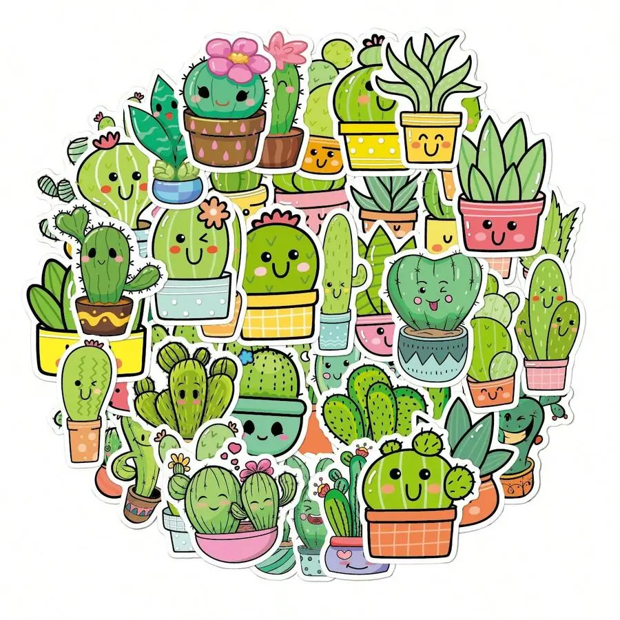 

50pcs Green Plant Stickers, Cute Cactus Stickers For Potted Plants, Succulents, Water Bottles