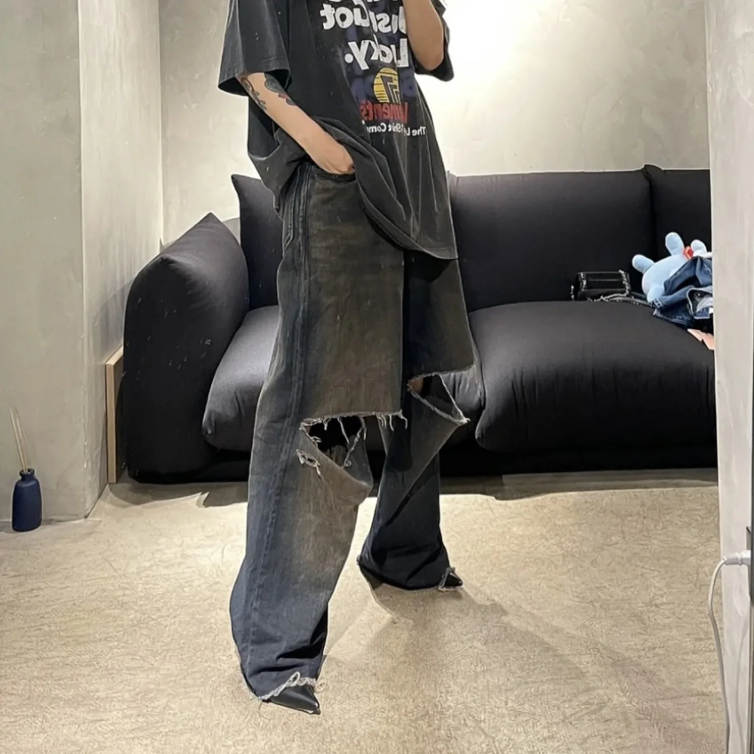 

Women's Jeanswomen's 2023 Spring/Summer New INS Network Red Street Hip Hop Personalized Knife Cut Hole Washed Tassel Wide Leg Je