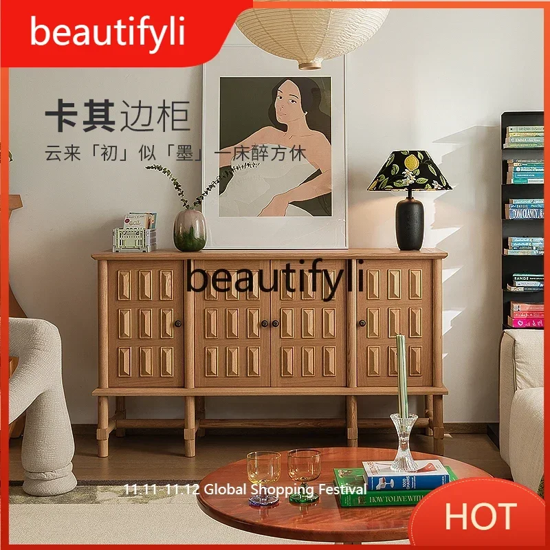 

Khaki side cabinet French retro log style living room storage locker household entrance solid wood D80