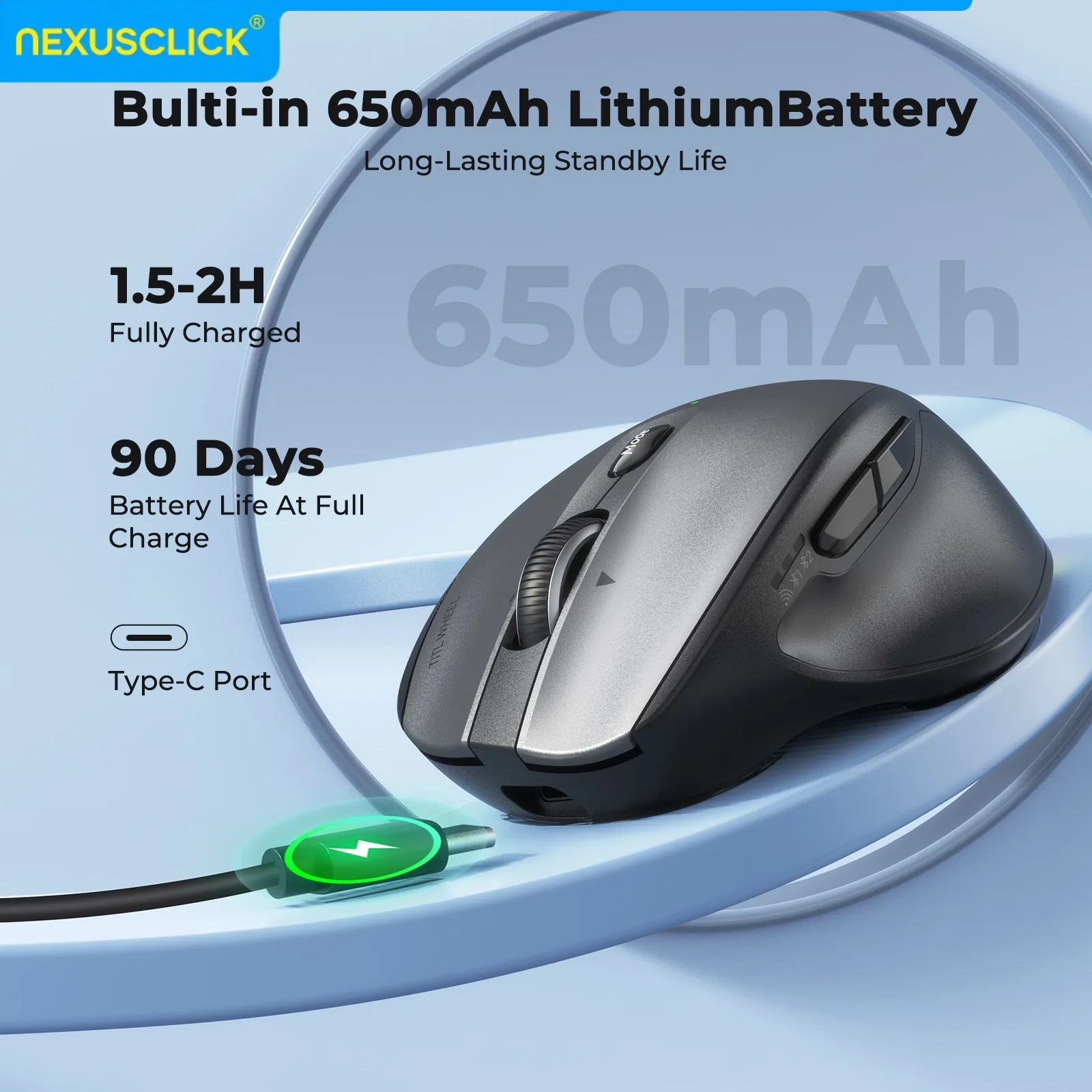 NexusClick Rechargeable Wireless Mouse,Ergonomic with Thumb Rest,Dual Mode,RGB Backlit,Silent Click,Multi-Device,for PC Office