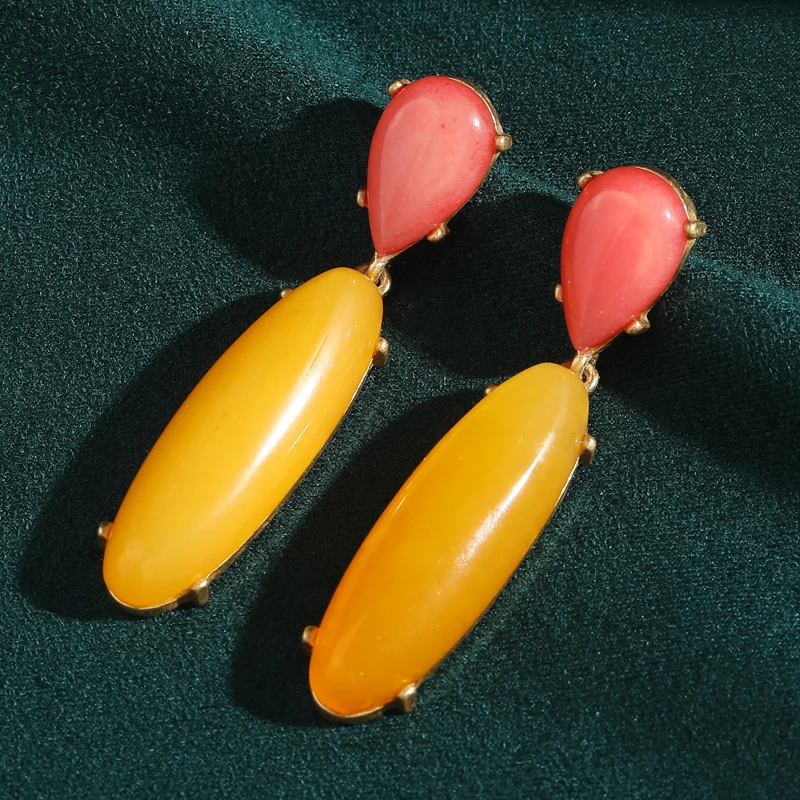 

Vintage Long Earrings With Stones Natural Orange Yellow Water Droplet Glass Luxury Quality Jewelry Trend 2025 Statement