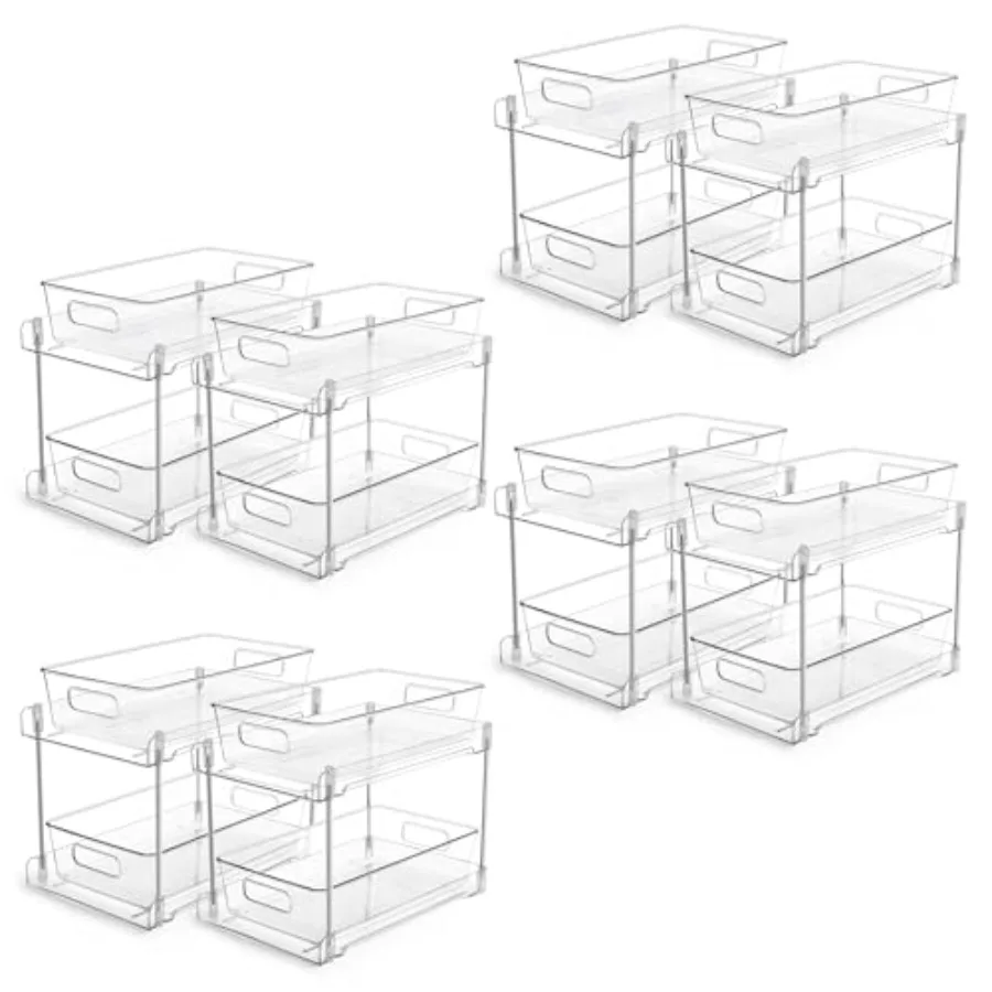 

8 Pack 2 Tier Clear Under Sink Bathroom Organizer with Track Pull-Out Cabinet Drawers Bins for Pantry Kitchen Vanity Countertop