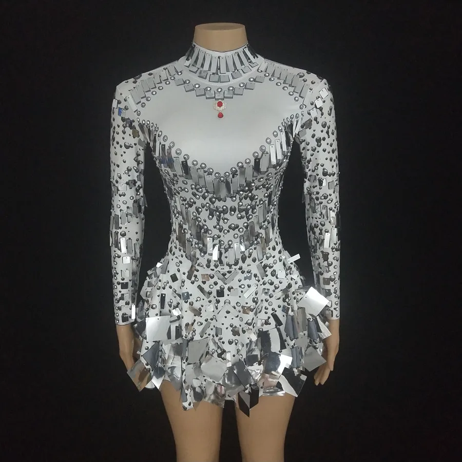 Black White Nude Mirrors Sequins Mini Short Dress Women Dancer Team Performance Stage Wear Birthday Evening Party Dance Costume