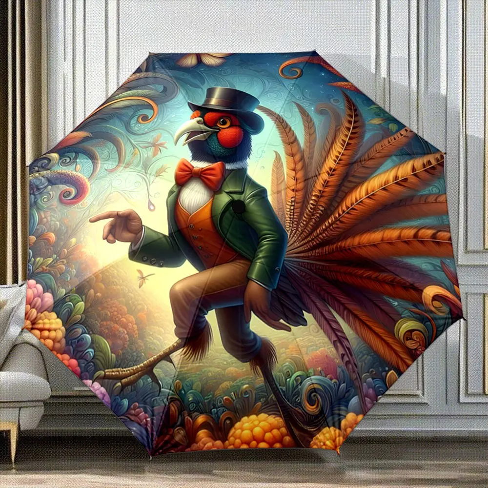 

Зонт-трость «Фазан» — компактный складной зонт с 8 спицами, узором в виде павлина и дизайном в виде птичьего шляпного козырька — элегантный и портативный