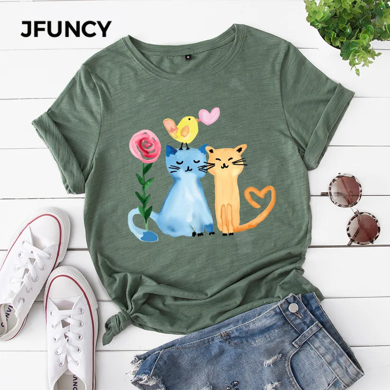 JFUNCY 100% Cotton Women's Tshirt Oil Painting Happy Cats Printed Shirts Summer  Short Sleeve Woman Tees Tops Dropship
