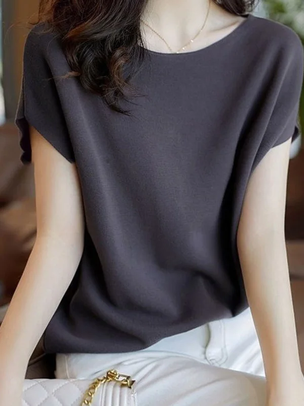 تي شيرت نسائي صيفي محبوك من الحرير الجليدي من Ele f Sve تي شيرت فضفاض من Batwing Sve تي شيرت نسيم بكتف واحد متين