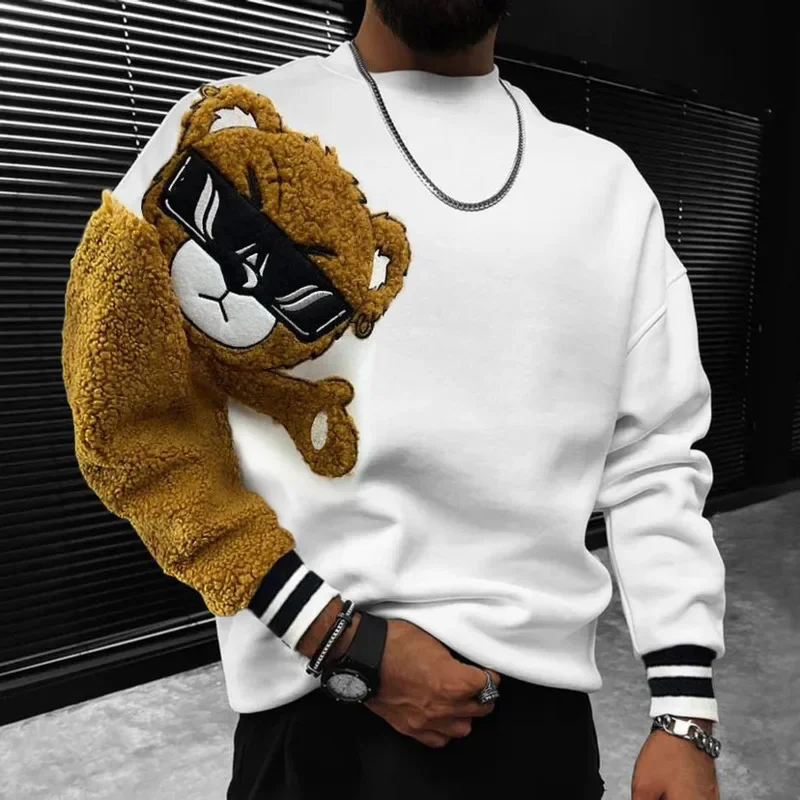 

Teddy Bear Plush Hooded Shirt Casual Loose O-Neck Loog Sleeve Solid Sweatshirts Fashion Street Style Man To Man Pullover Clothes