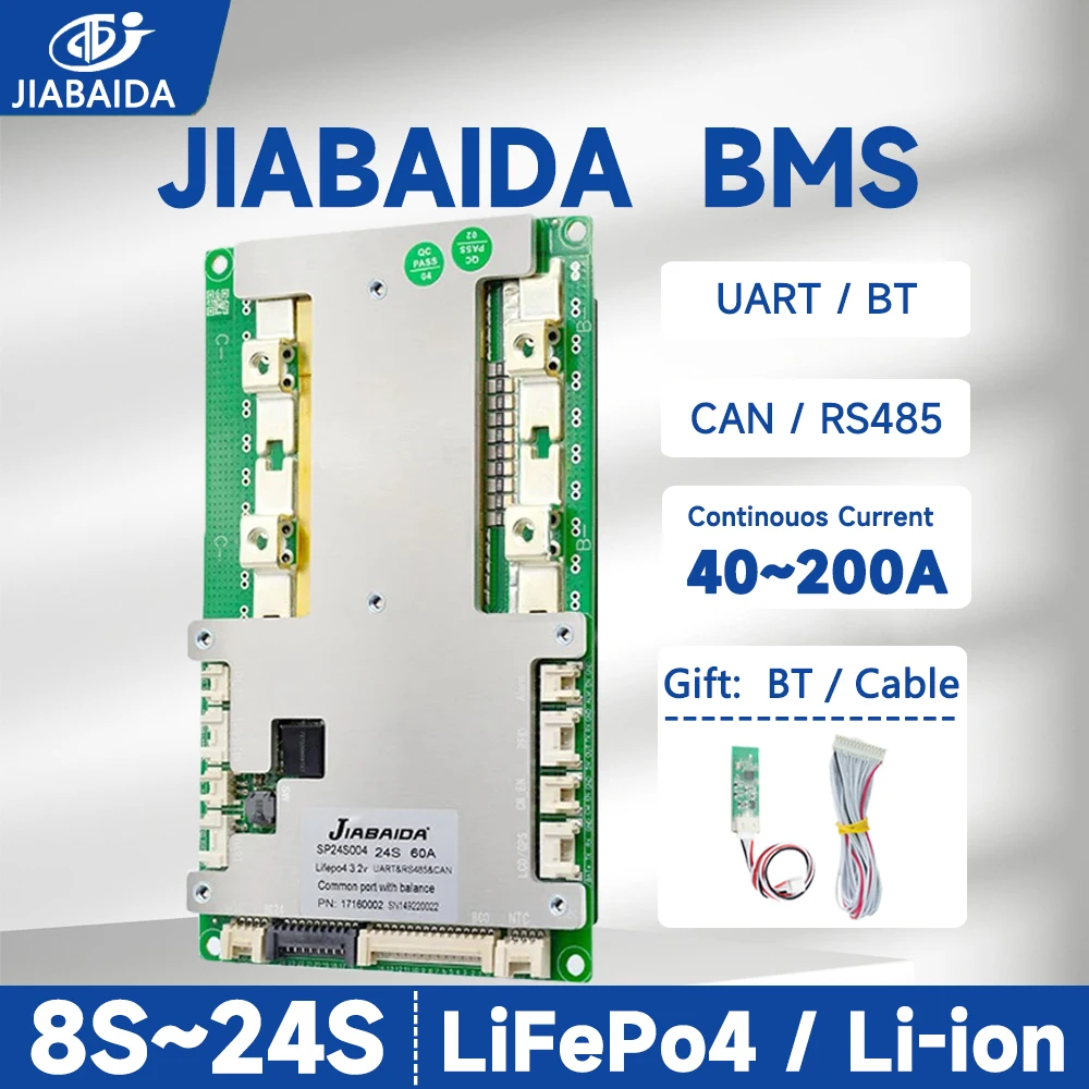 

JIABAIDA умный BMS 8S-24S литий-ионный Аккумулятор LiFePo4 10S 16S 40A-200A Защита от тока с BT UART RS485 может балансировать JBD BMS