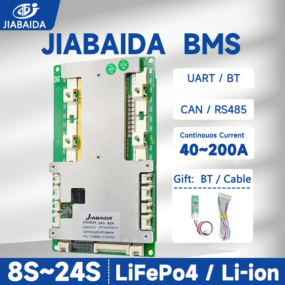 

JIABAIDA Smart BMS 8S-24S Li-ion LiFePo4 Battery 10S 16S 40A-200A Current Charge Protect with BT UART RS485 CAN Balance JBD BMS