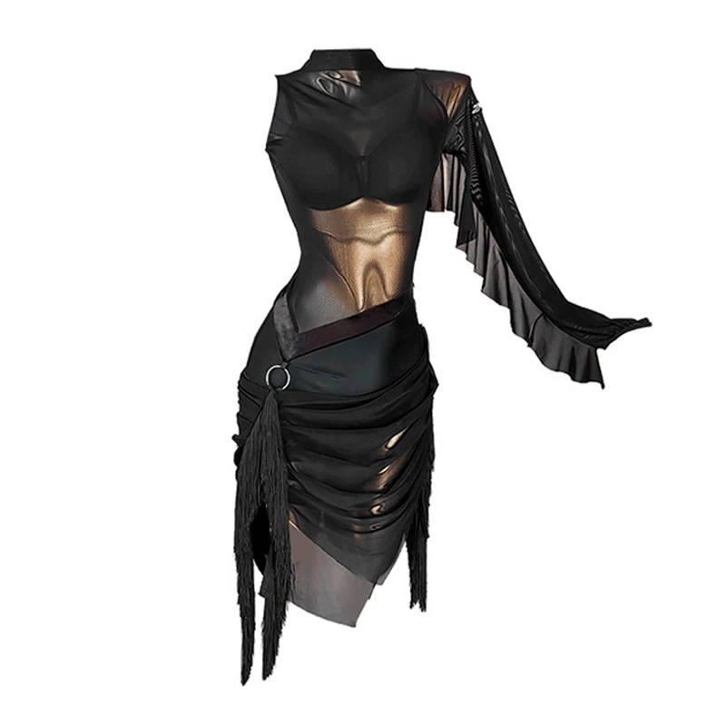 Robe de danse latine noire pour femmes, robes à franges Sexy, vêtements de spectacle de danse Rumba Tango, vêtements de danse d'entraînement latin pour adultes VDL2621